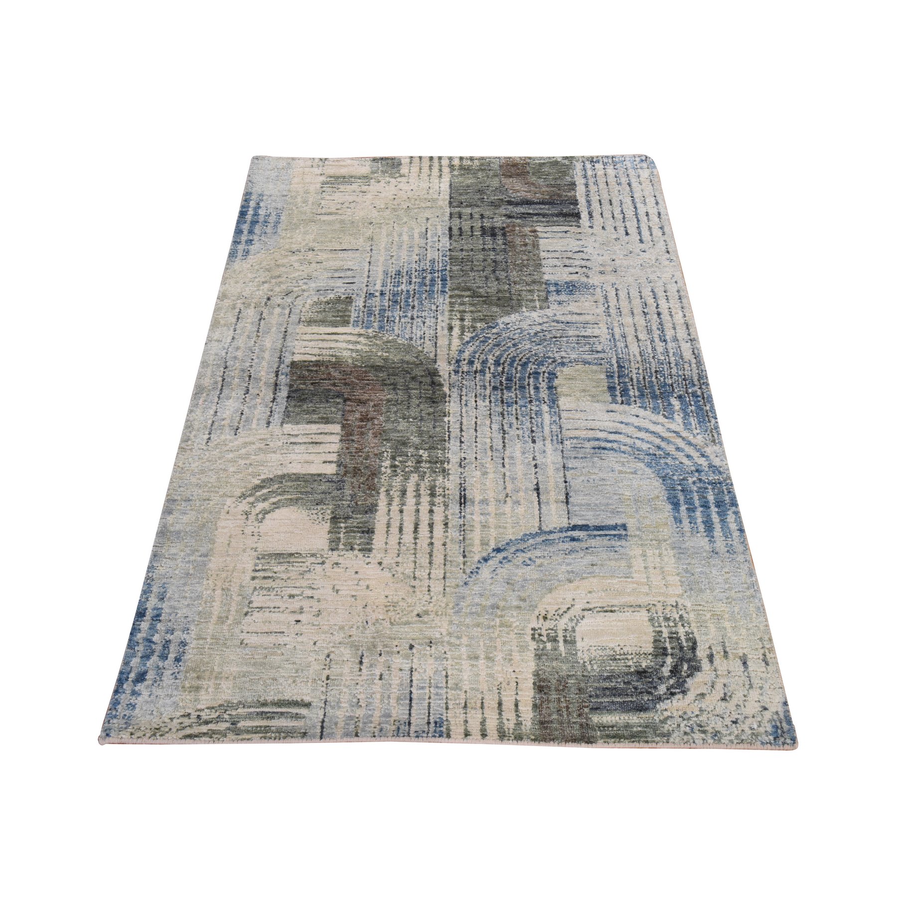3'1"x5' Whisper White, THE INTERTWINED PASSAGE, Silk with Textured Wool, Hand Knotted, Oriental Rug 